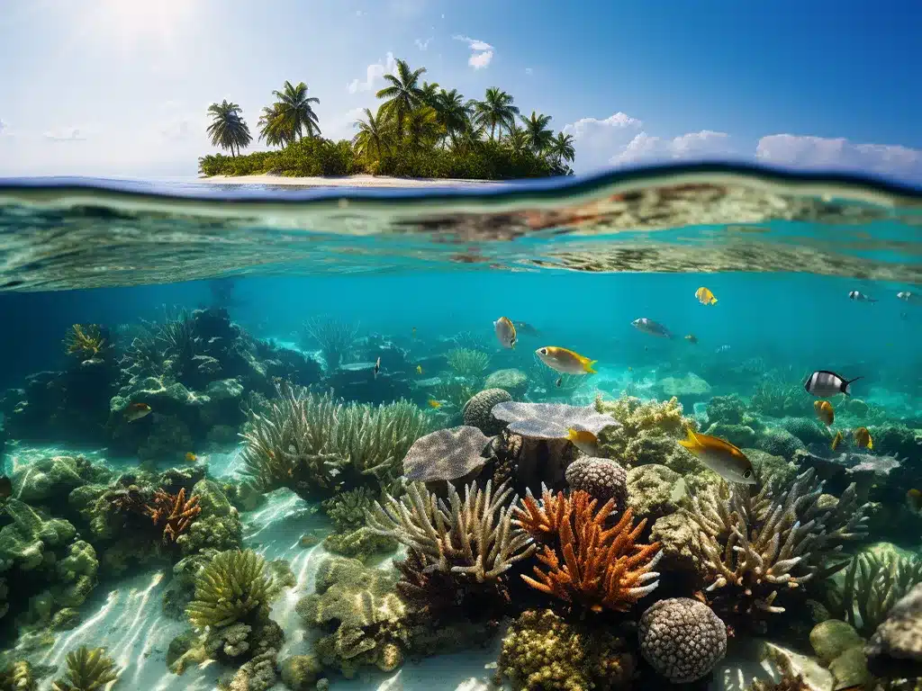 Vibrant coral reef habitat at Ambergris Caye, home to diverse marine life.