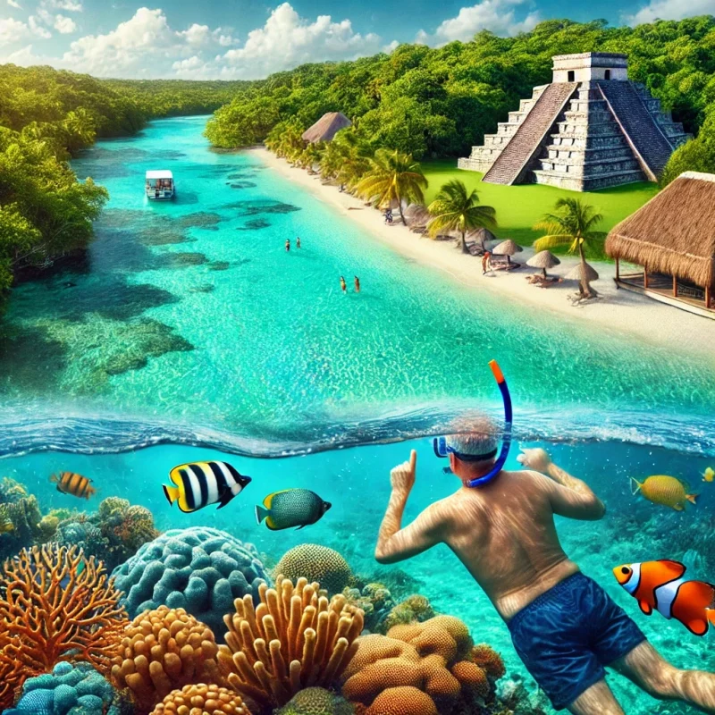 Snorkeling near Belize Barrier Reef with tropical coastline