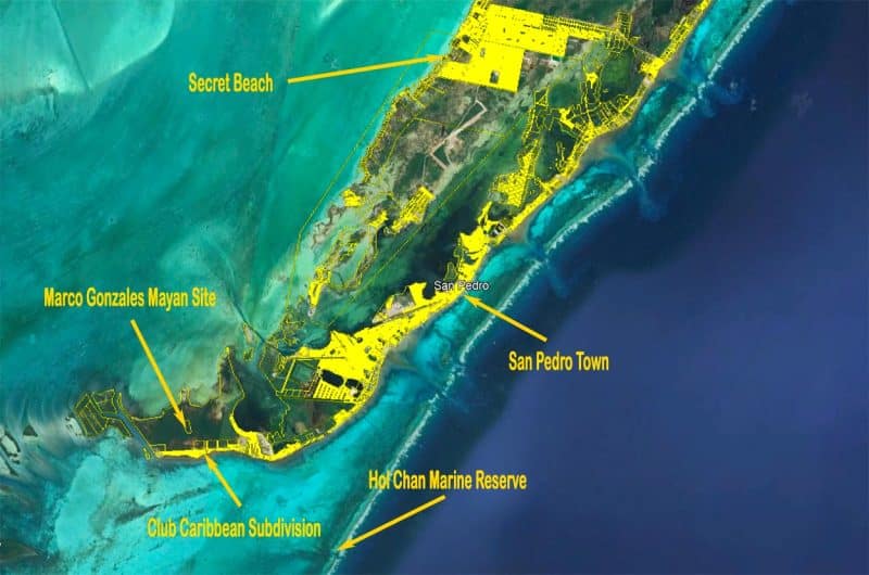 Affordable South Island Properties on Ambergris Caye Belize Aerial Map